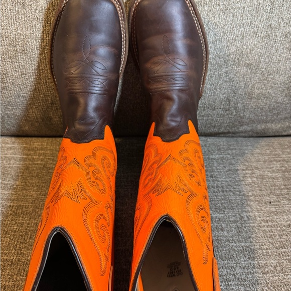 Old West BoysSix Row Stitch Western Orange and Rich Brown Cowboy Boots Size 6.0D - Picture 4 of 9